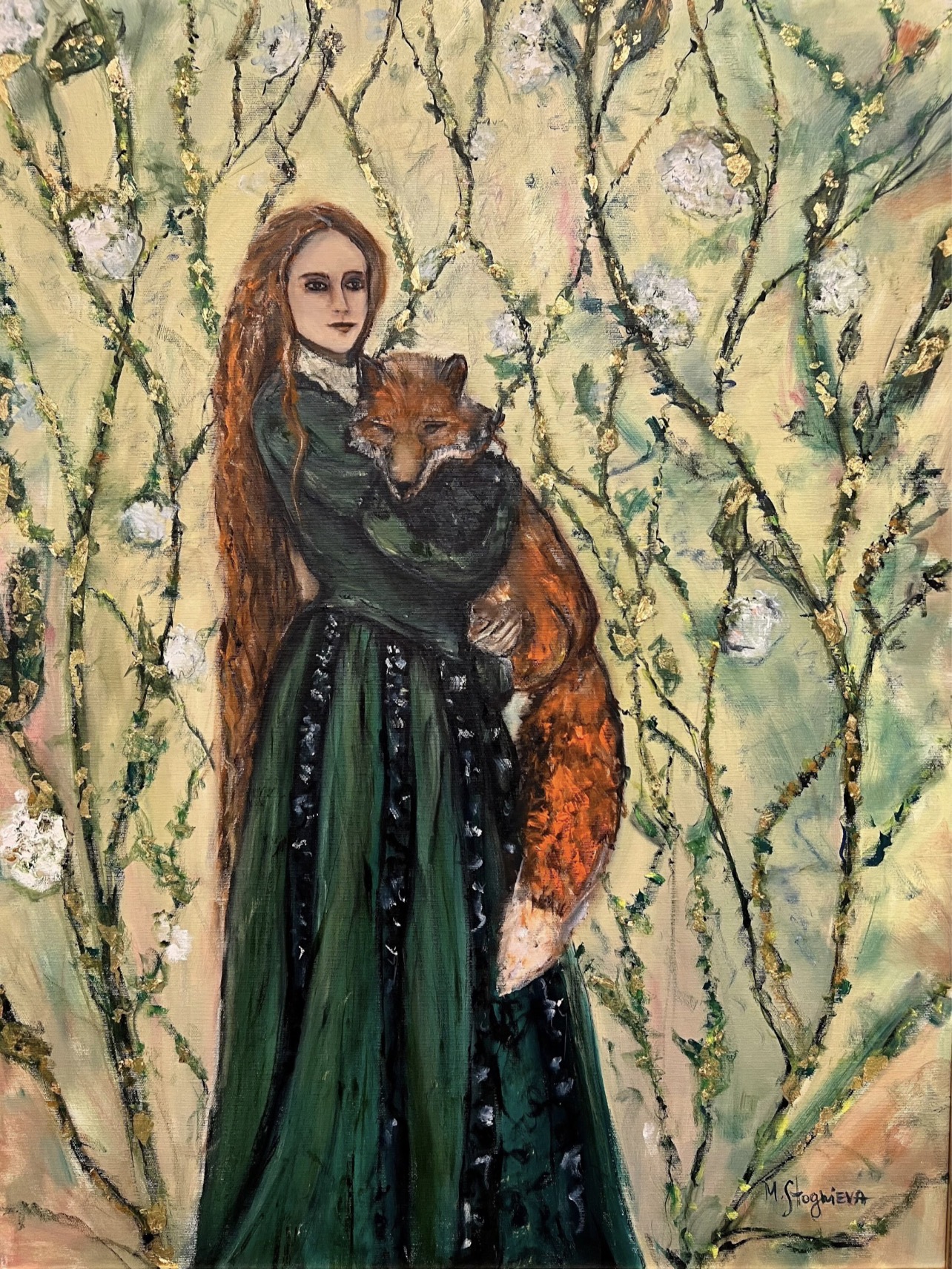 Girl with a Fox by Marina Stognieva, oil painting with gold leaf, 60 × 80 cm